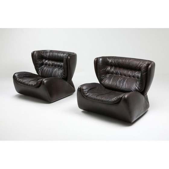 Image 1 of Vintage dark brown "Pasha" lounge chairs and ottoman by Durlet 1970