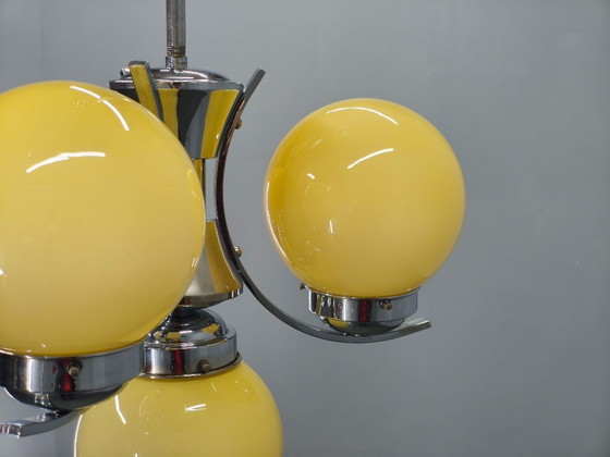 Image 1 of Art Deco Chrome and Opaline Glass Chandelier, Czechoslovakia