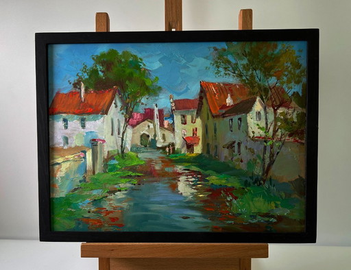 Original Oil Painting Rural Landscape Village Stream – schilderijen tekeningen, Mdf (photo 2 of 10)