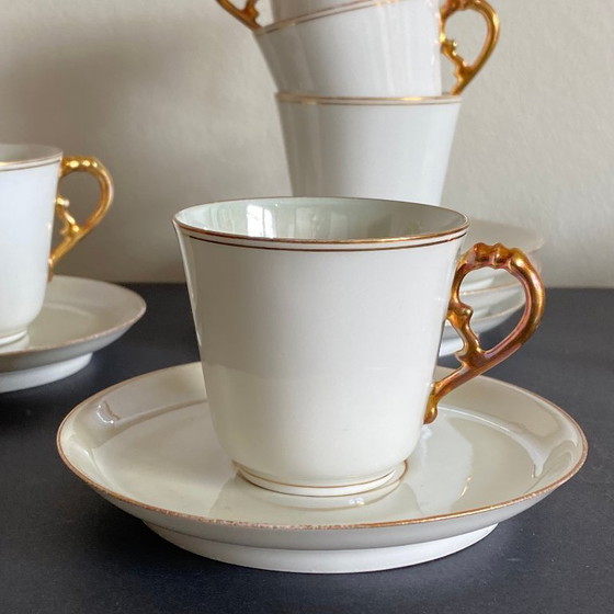 Image 1 of 5 antique porcelain espresso cups in aqua green and gold trim