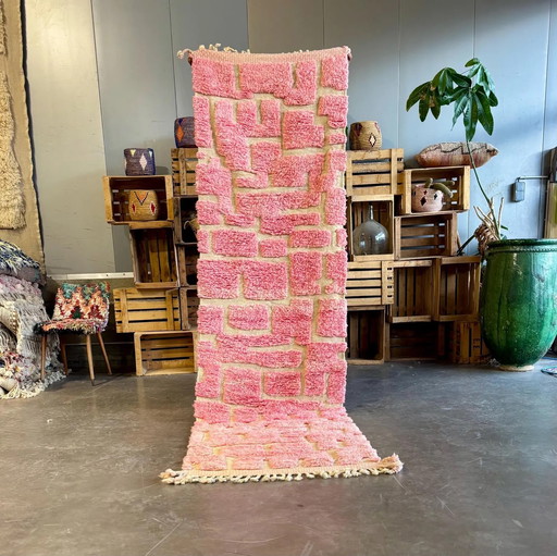 Moroccan Pink Runner Beni Ourain Rug 85x300 cm, Living Room Runner Rug, Pink Moroccan Wool Rug, Berber Wool Rug, Modern Area Rug