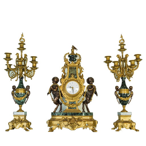 Pair of candelabra and clock in Verde Alpi marble and bronze, 50s