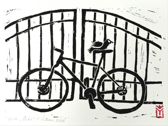 Image 1 of Stampa Linocut di biciclette d'epoca - A4 Arte da parete in bianco e nero