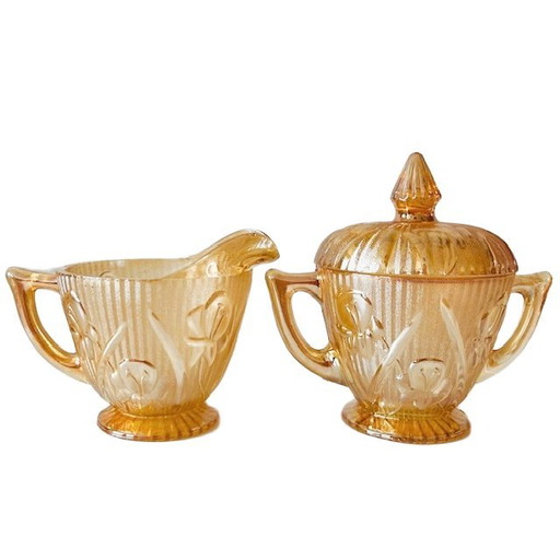 Vintage Jeanette Carnival Glas Pfirsich Zimmer Set 1930er Jahre