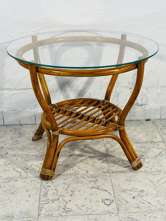 Image 1 of Vintage rattan coffee table with glass top, 1970s