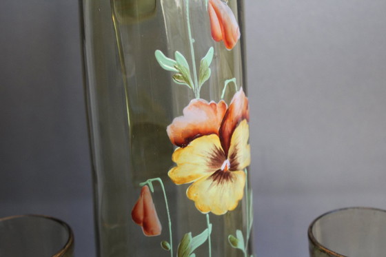 Image 1 of Antike hohe Bierkanne Krug grünes Glas Emailmalerei Blumen um 1900 mit 4 Gläsern