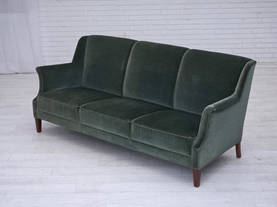 Image 1 of 1960s, Danish 3-seater sofa, original turquoise-green furniture velour.