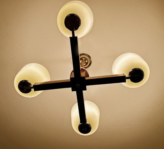 Image 1 of Lampe pendante Art Déco en bois et verre chromé