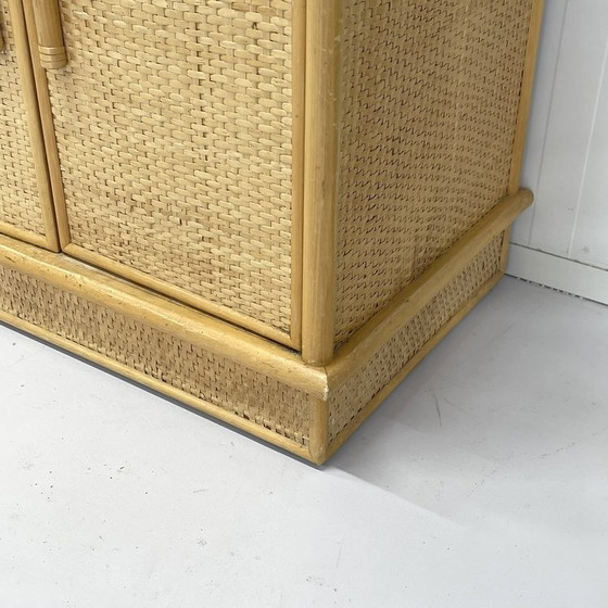 Image 1 of Vintage Rattan Bamboo Sideboard Green Leaf Drawer Cabinet