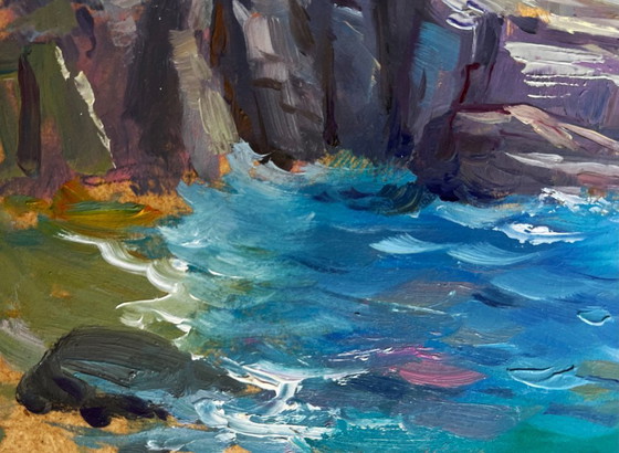 Image 1 of Peinture à l'huile originale, paysage rocheux d'été, journée nuageuse en mer