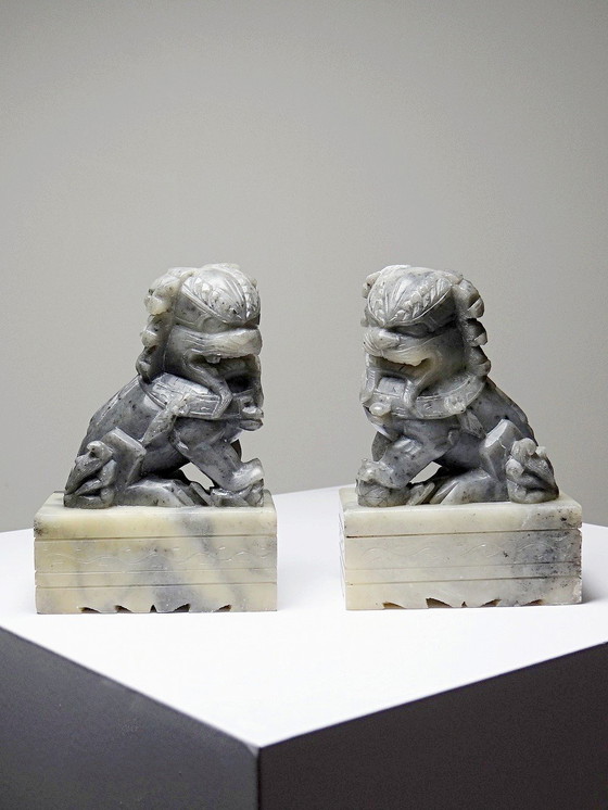 Image 1 of Pair of small Dogs/Lions Foo carved soapstone vintages