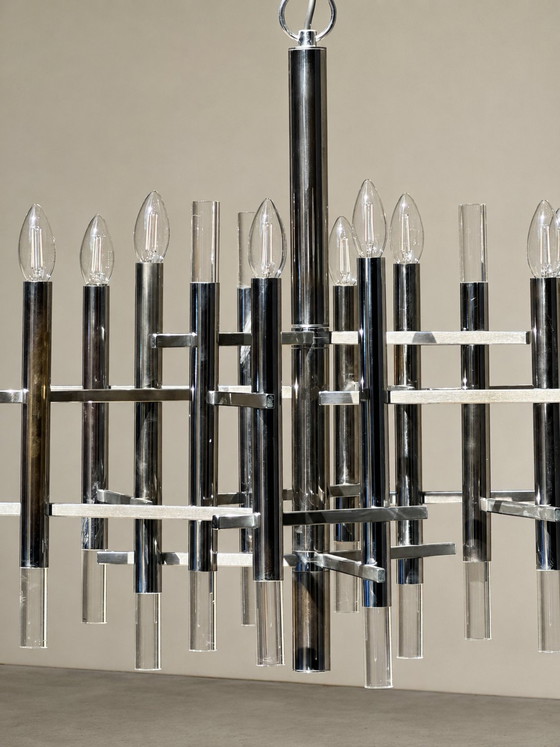 Image 1 of Lustre Gaetano Sciolari en chrome et lucite, style Mid-Century, Italie, vers 1970 — Étiquette d'origine