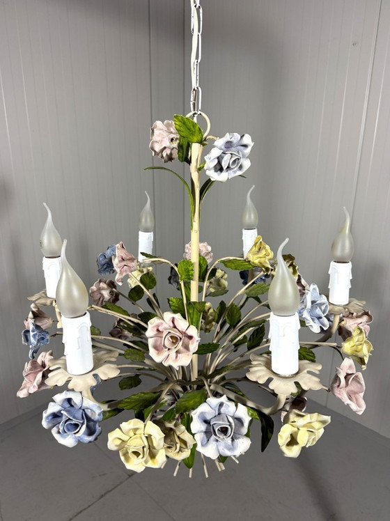 Image 1 of Italian chandelier with porcelain flowers 1950s