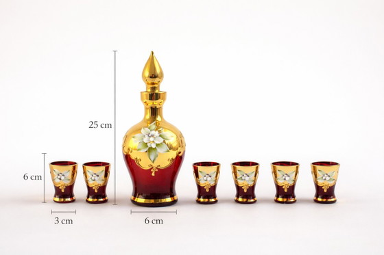 Image 1 of SIGNED MURANO "Tre Fuochi" Liqueur Set – Ruby Red & 24K Gold – Hand-Painted Flowers – 7 Pieces – Vintage Italy
