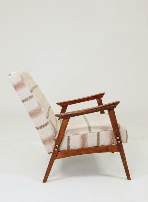 Vintage Armchair Striped Upholstery Natural Fabric, Czechoskovakia, 1960, Refurbished