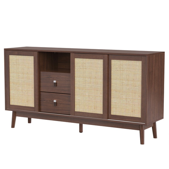 Image 1 of Urban Meuble sideboard in walnut look with 3 sliding rattan doors and 2 drawers 155x38x80cm USOH WALNUT