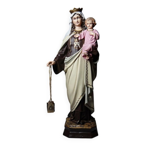 Estatua de yeso ND del Monte Carmelo, talleres Olot, ojos de cristal,