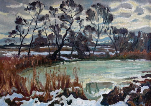 Pintura al óleo original Paisaje natural Invierno Río Nubes Deshielo