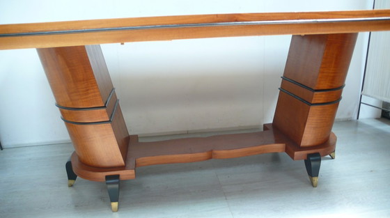 Image 1 of Grande table de salle à manger table de conférence Art Déco en placage de noyer + merisier, demi-colonnes inclinées, France vers
