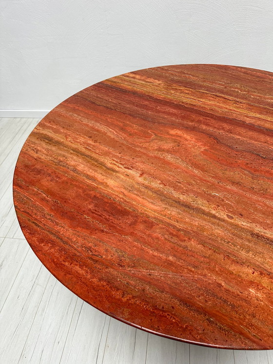 Image 1 of 1970s VINTAGE EXTRA LARGE ROUND RED TRAVERTINE DINING TABLE