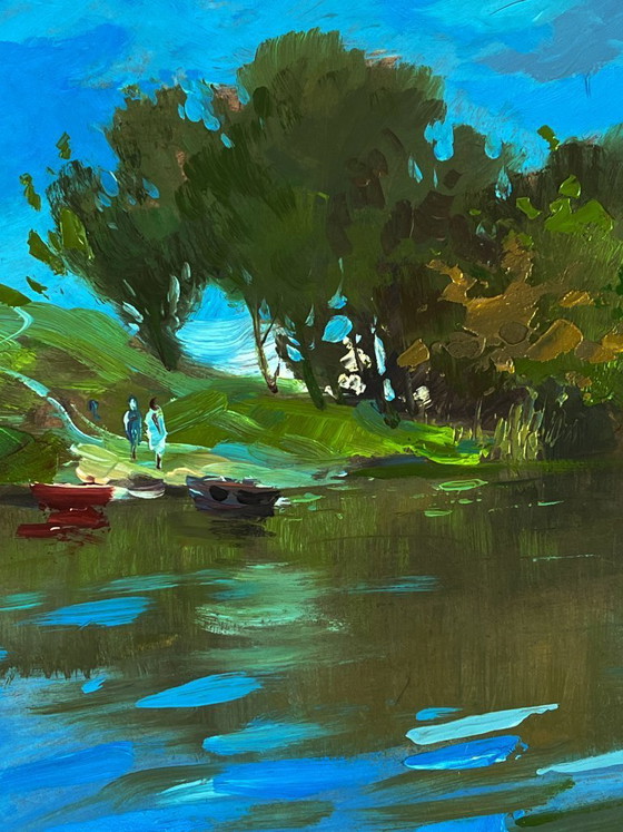 Image 1 of Peinture à l'huile originale, paysage naturel, collines d'été, bateaux sur la rivière
