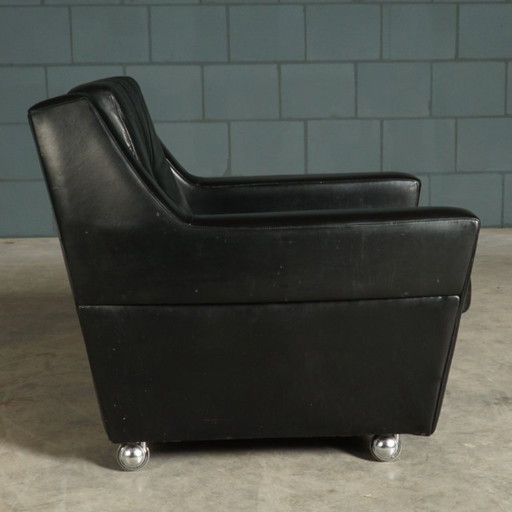Vintage lederen fauteuil – zwart – jaren 70