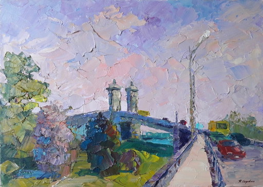 Pintura al óleo original Paisaje urbano Río Carretera Puente sobre el Dniéper