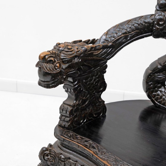 Image 1 of Pair of Chinese Qing Dynasty Carved Dragon Armchairs, Ebonized Hardwood, 19th