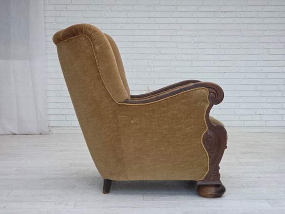 Image 1 of 1960s, Danish relax chair, original green furniture velour, carved oak wood.