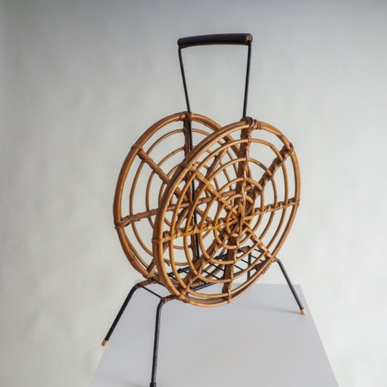 Image 1 of Mid Century Round Rattan Magazine Holder