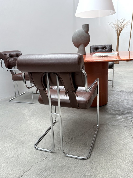 Image 1 of Set of 4 Guido Faleschini for i4Mariani 'Tucroma' chairs leather brown chrome, Italy 1970s