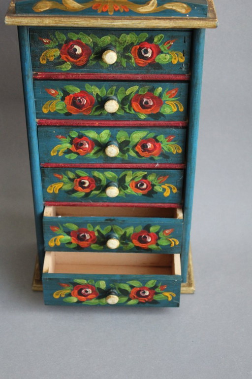 Jewelry cabinet, spice cabinet made of solid wood with drawers, hand-painted in a folk art style.