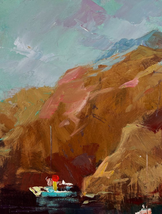Image 1 of Original Oil Painting Coastal Rock Landscape Sails Against The Backdrop Of Mountains