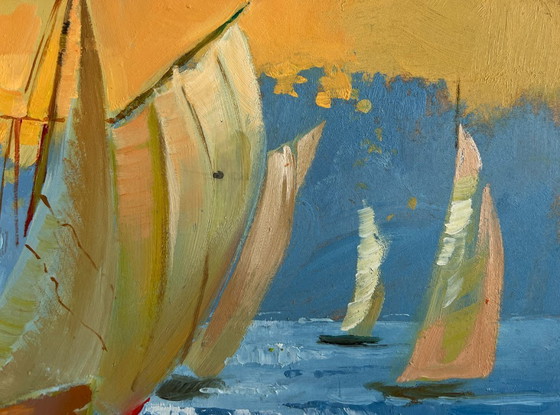 Image 1 of Original Oil Painting Evening Sea Landscape Sunset colors in the sea