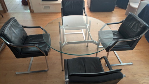 4 zwarte lederen stoelen Freischwinger Alpha + glazen tafel, vintage set, Art Collection - Walter Knoll