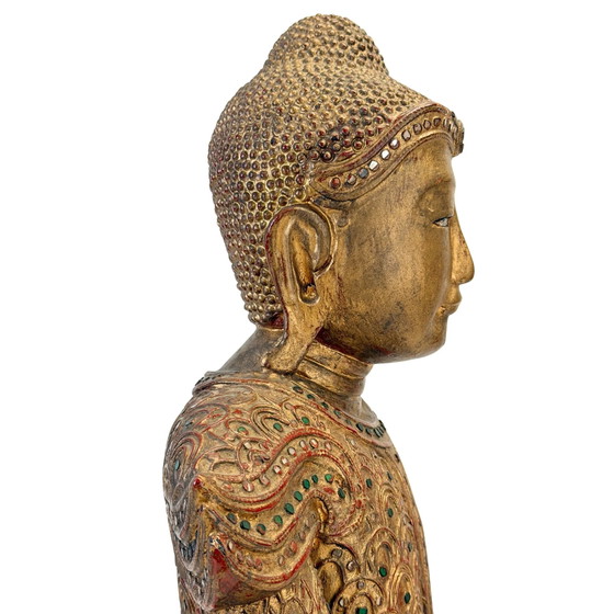 Antique Burmese Jambupati Buddha with glass mosaic, c. 1900 – Sculpture, Wood, Gold (photo 6 of 11)