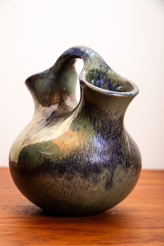 Image 1 of Vase Double Col de Style Art-Déco en Grés Flammé de Couleur Vert Irisé par Alphonse Cytère 1920