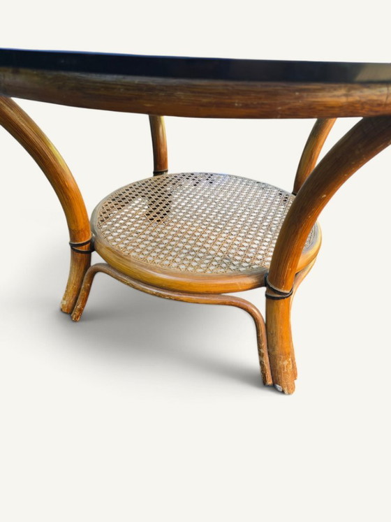 Round Coffee Table in Rattan, Cane and Smoked Blue Glass – 1970s – Other (photo 4 of 5)