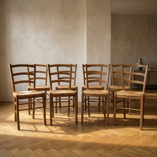 Set of 8 Scandinavian Dining Chairs, Wooden Frame & Woven Rattan Seats, Gemla Fabrikers AB, 20th century