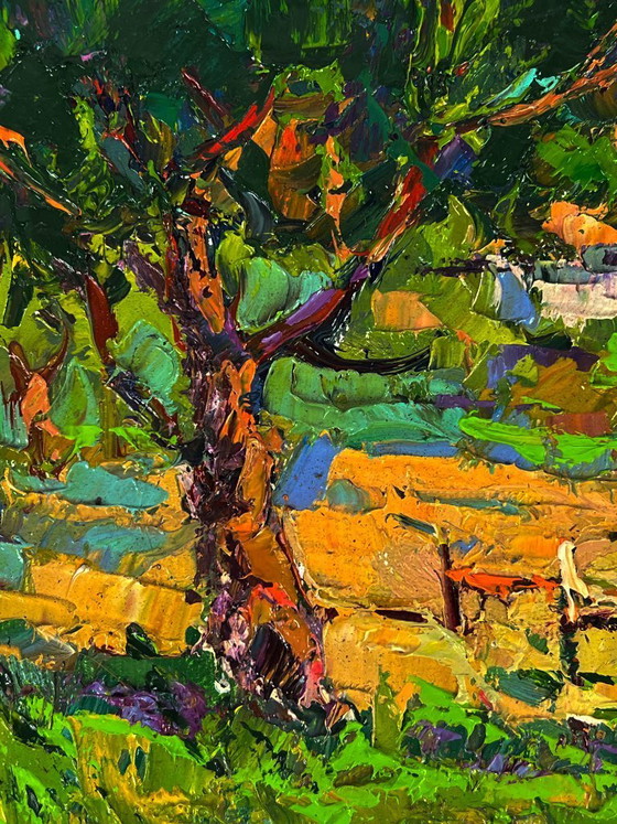 Image 1 of Peinture à l'huile originale représentant un paysage de campagne, un jardin et une maison en vacances d'été à la campagne