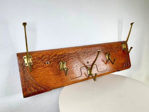 Antique Art Nouveau Coat Rack – Jugendstil Wooden Wall Hanger with Brass Hooks – Early 20th Century Hallway Storage