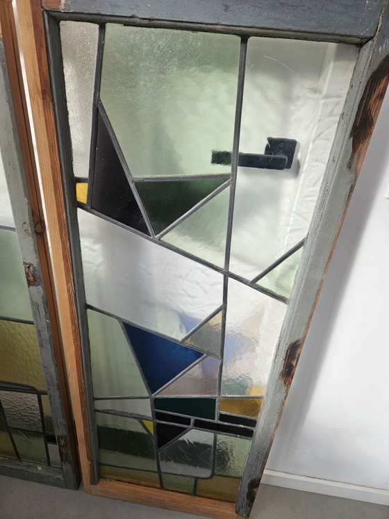 Set of antique Art Deco stained glass windows 50x130 cm., Decorative Objects, Metal, Wood, Multi Color (photo 7 of 14)