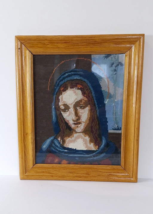 Vintage Handmade Needlepoint, Wall Tapestry Gobelin, Virgin Mary, Lady of Lourdes, Catholic Icons, Wood Frame