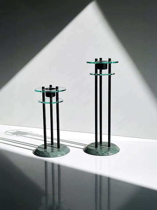 Milano Series Design 80s Art Deco Revival Candlestick Postmodern Marble Green Pair Set Metal Black Glass Candlestick