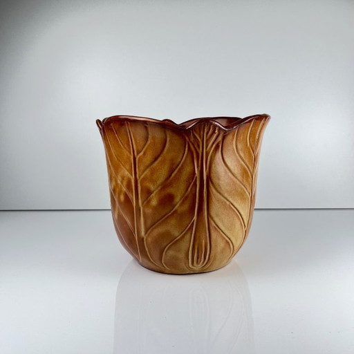 Brown Earthenware Flowerpot with Ribbed Leaf Effect, 1960/70