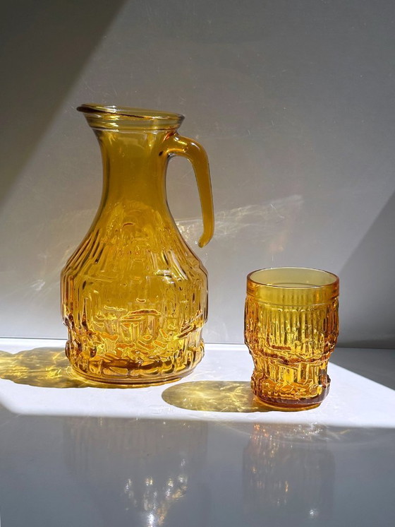 Image 1 of Set di caraffe in vetro italiane, bicchieri da bere gialli, anni '70, caraffa per succo, caraffa per acqua, anni '70, an