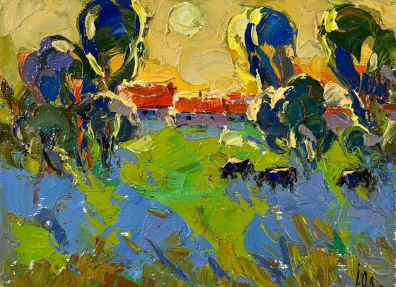 Image 1 of Original Oil Painting Sunset Summer Landscape Gold on the horizon