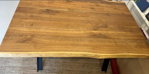 Dining table/premium desk tree trunk top with T profile sturdy steel base size: 105x145cm