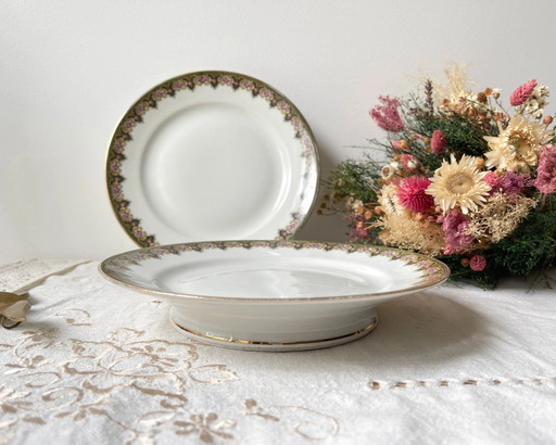 Vintage weißer floraler Porzellan-Fußteller, hergestellt in Frankreich