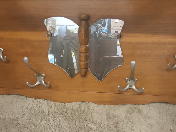 Image 1 of Vintage wooden coat rack with butterfly mirror